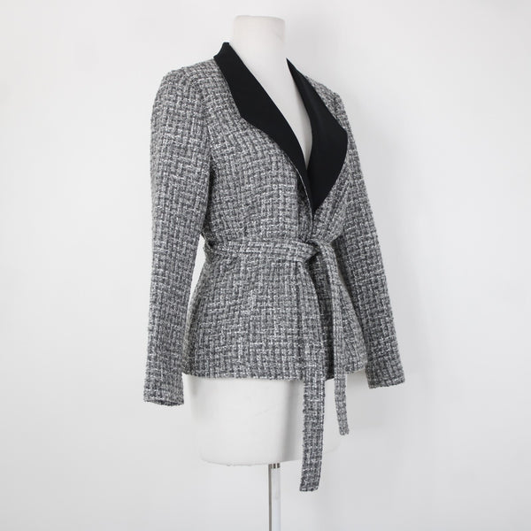White House Black Market NEW Sz 10P Gray Black Tweed Belted Acrylic Poly Jacket