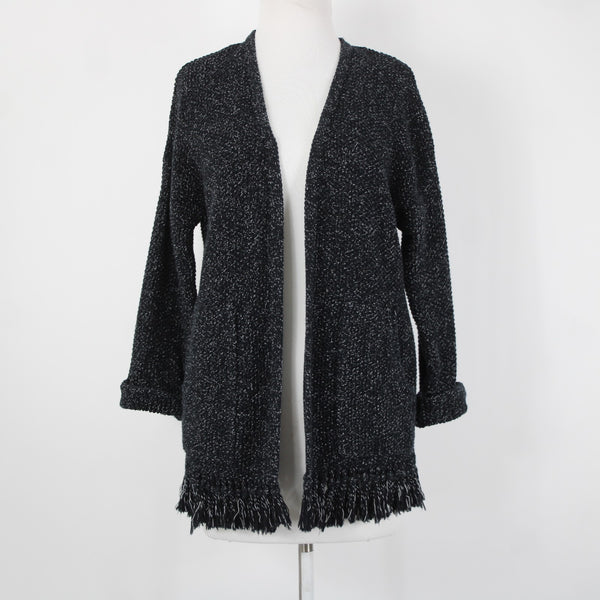 Madewell Sz XS Black Gray Heathered Fringed Heavy 100% Cotton Knit Jacket