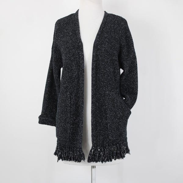 Madewell Sz XS Black Gray Heathered Fringed Heavy 100% Cotton Knit Jacket