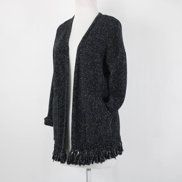 Madewell Sz XS Black Gray Heathered Fringed Heavy 100% Cotton Knit Jacket