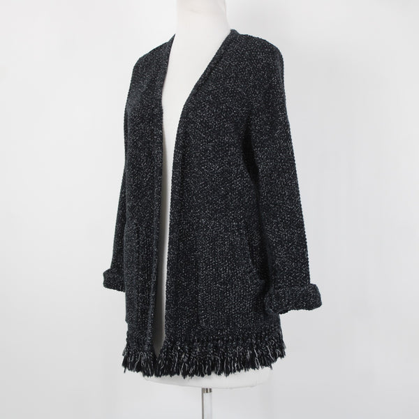 Madewell Sz XS Black Gray Heathered Fringed Heavy 100% Cotton Knit Jacket