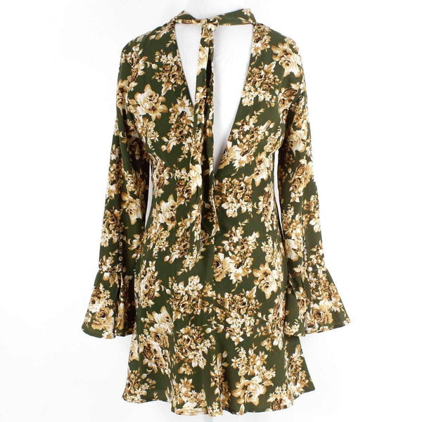 Romeo Juliet Couture Sz M Olive Tan Floral Open Back 100% Polyester Dress