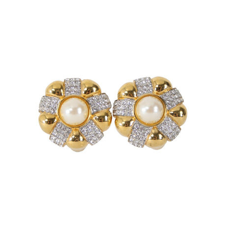 St John Earrings Goldtone CZ Faux Pearl 1" Clip On Earrings