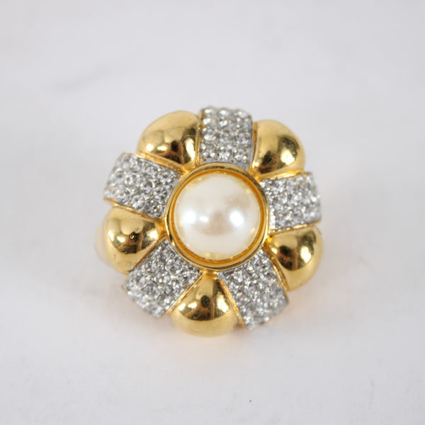 St John Earrings Goldtone CZ Faux Pearl 1" Clip On Earrings