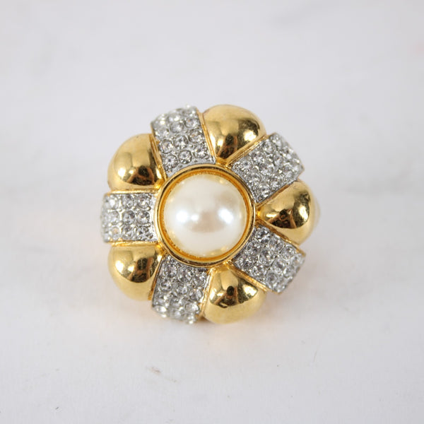 St John Earrings Goldtone CZ Faux Pearl 1" Clip On Earrings