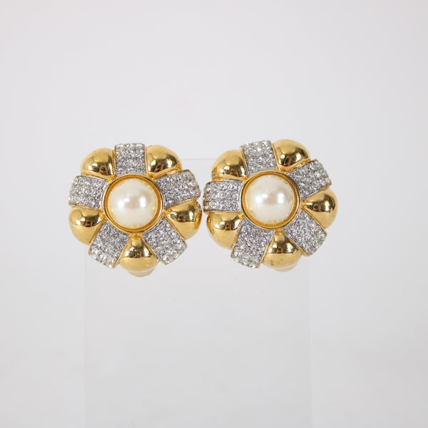 St John Earrings Goldtone CZ Faux Pearl 1" Clip On Earrings