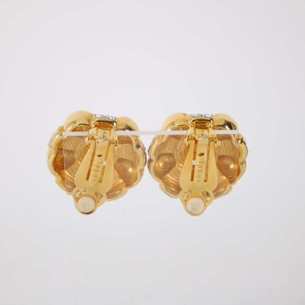 St John Earrings Goldtone CZ Faux Pearl 1" Clip On Earrings