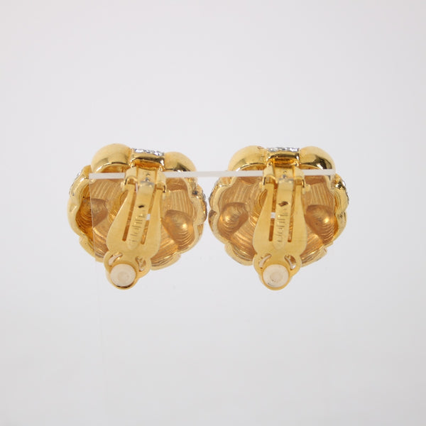 St John Earrings Goldtone CZ Faux Pearl 1" Clip On Earrings