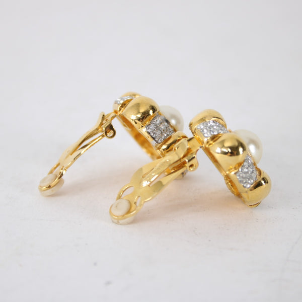 St John Earrings Goldtone CZ Faux Pearl 1" Clip On Earrings