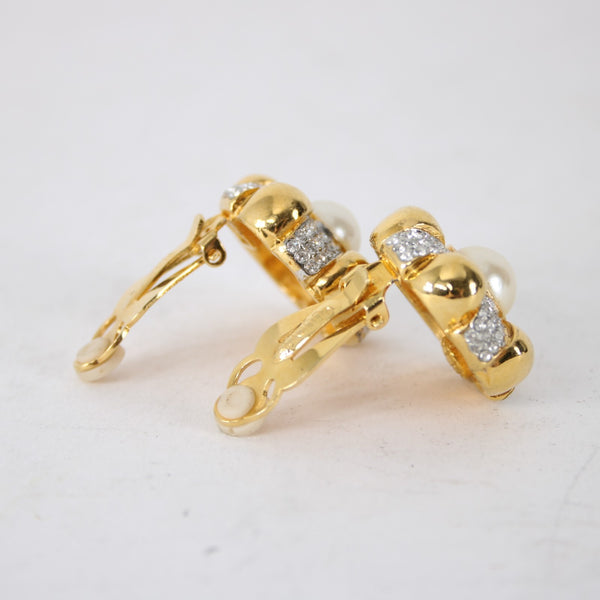 St John Earrings Goldtone CZ Faux Pearl 1" Clip On Earrings