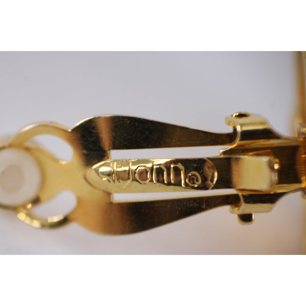 St John Earrings Goldtone CZ Faux Pearl 1" Clip On Earrings