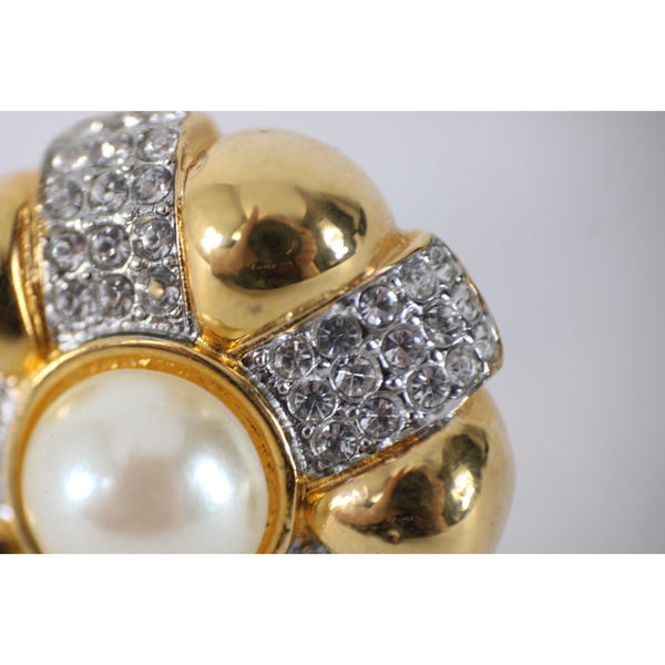 St John Earrings Goldtone CZ Faux Pearl 1" Clip On Earrings