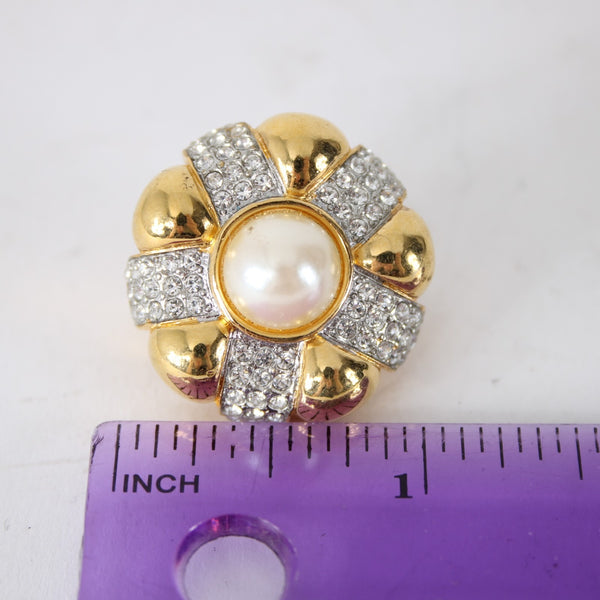 St John Earrings Goldtone CZ Faux Pearl 1" Clip On Earrings