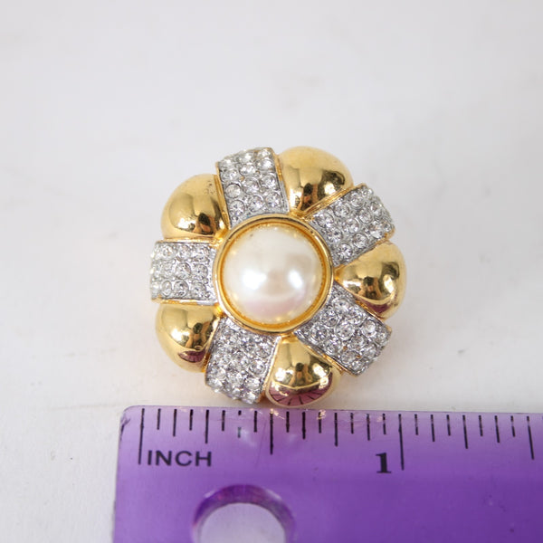 St John Earrings Goldtone CZ Faux Pearl 1" Clip On Earrings