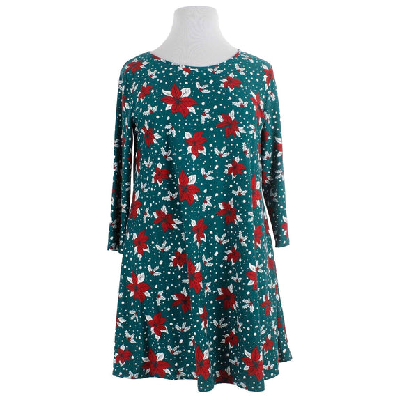 City Streets NEW $38 Sz L Green Red Multi Poinsettia Poly Spandex Knit Dress