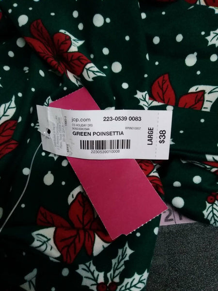 City Streets NEW $38 Sz L Green Red Multi Poinsettia Poly Spandex Knit Dress