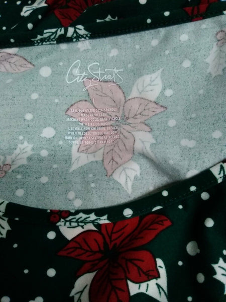 City Streets NEW $38 Sz L Green Red Multi Poinsettia Poly Spandex Knit Dress