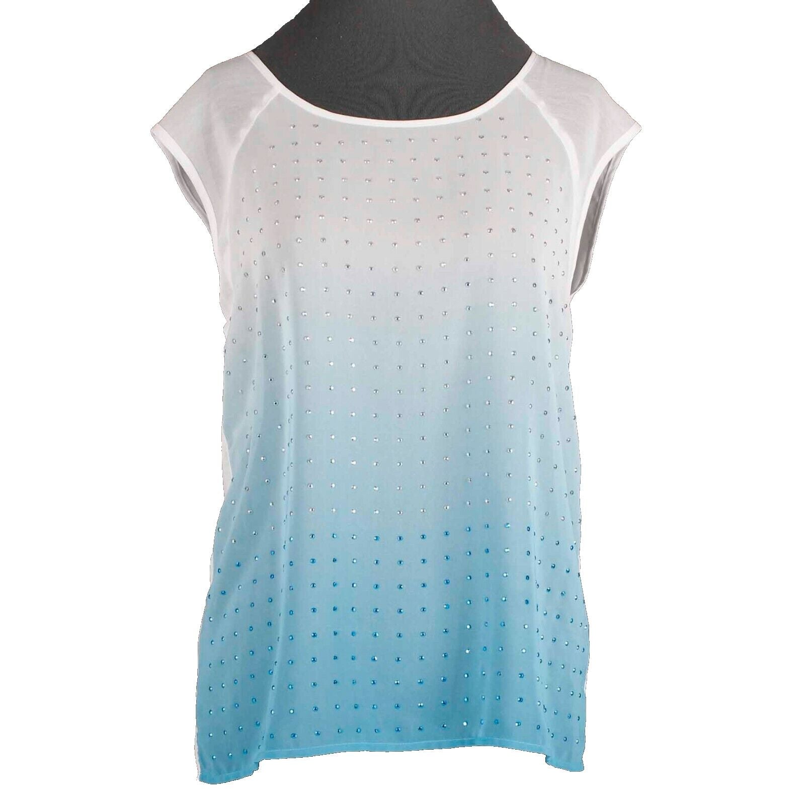 Romeo & Juliet Couture NEW $130 Sz S Teal Ivory Rhinestone Sheer Poly Top