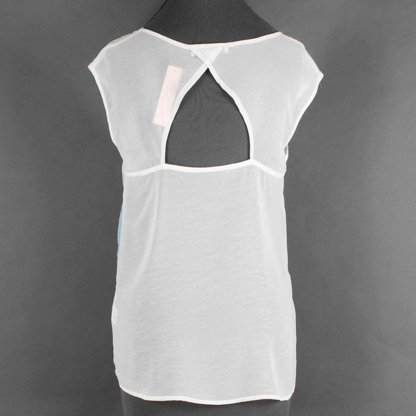 Romeo & Juliet Couture NEW $130 Sz S Teal Ivory Rhinestone Sheer Poly Top