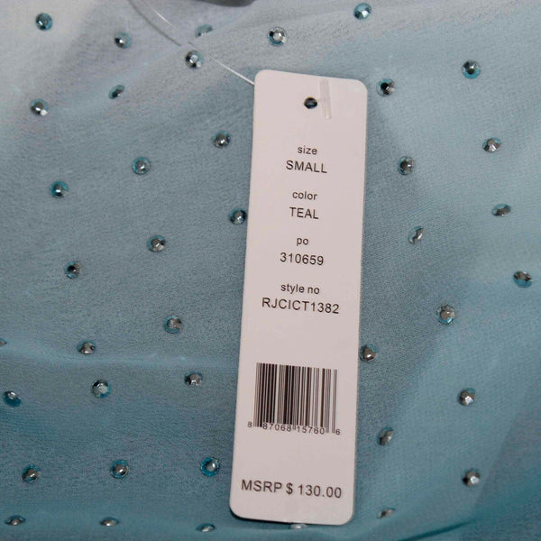 Romeo & Juliet Couture NEW $130 Sz S Teal Ivory Rhinestone Sheer Poly Top