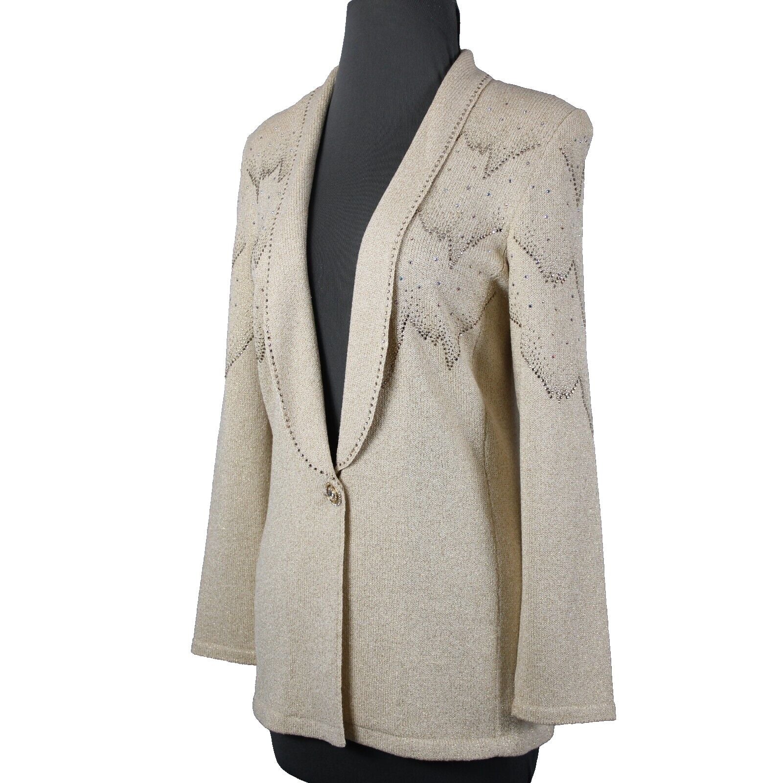 Toula Sz 4 Tan Gold Rhinestones Metallic One Button Santana Knit Wool Blazer