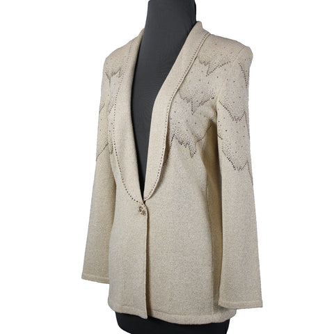 Toula Sz 4 Tan Gold Rhinestones Metallic One Button Santana Knit Wool Blazer