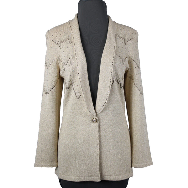 Toula Sz 4 Tan Gold Rhinestones Metallic One Button Santana Knit Wool Blazer