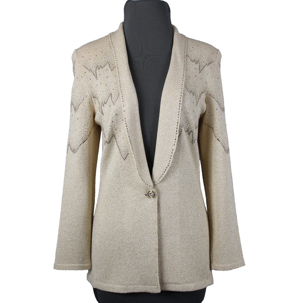 Toula Sz 4 Tan Gold Rhinestones Metallic One Button Santana Knit Wool Blazer