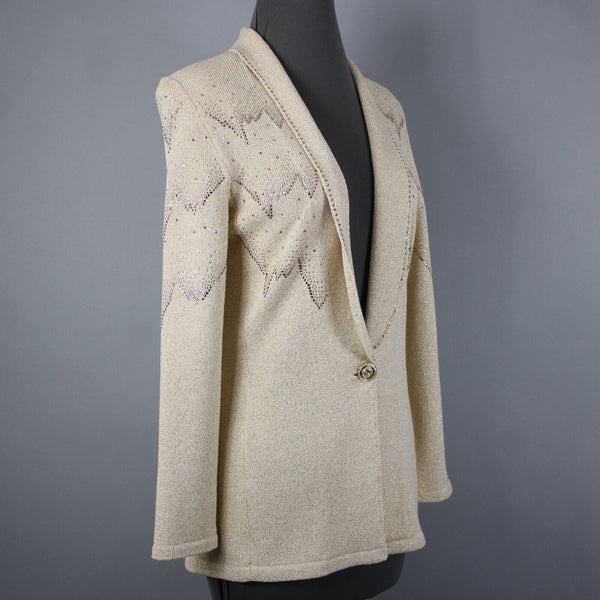 Toula Sz 4 Tan Gold Rhinestones Metallic One Button Santana Knit Wool Blazer