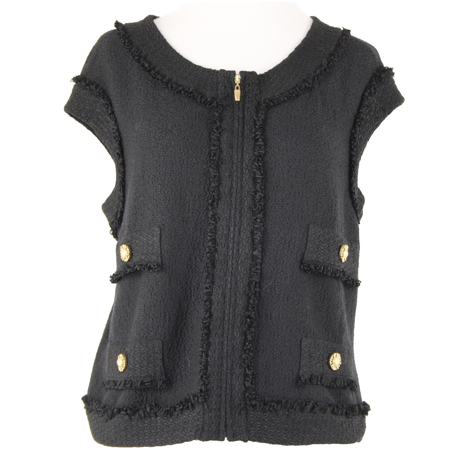 St John Sz 12 Black Gold Hardware Sleeveless Zipper Detail Novelty Knit Vest
