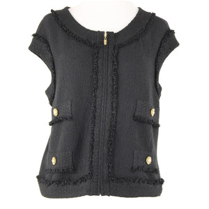 St John Sz 12 Black Gold Hardware Sleeveless Zipper Detail Novelty Knit Vest