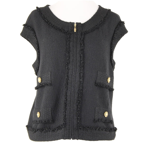 St John Sz 12 Black Gold Hardware Sleeveless Zipper Detail Novelty Knit Vest