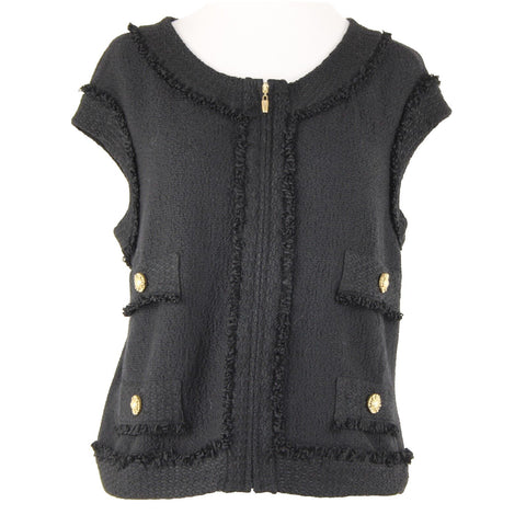St John Sz 12 Black Gold Hardware Sleeveless Zipper Detail Novelty Knit Vest