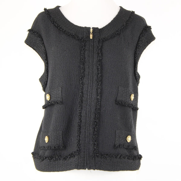 St John Sz 12 Black Gold Hardware Sleeveless Zipper Detail Novelty Knit Vest