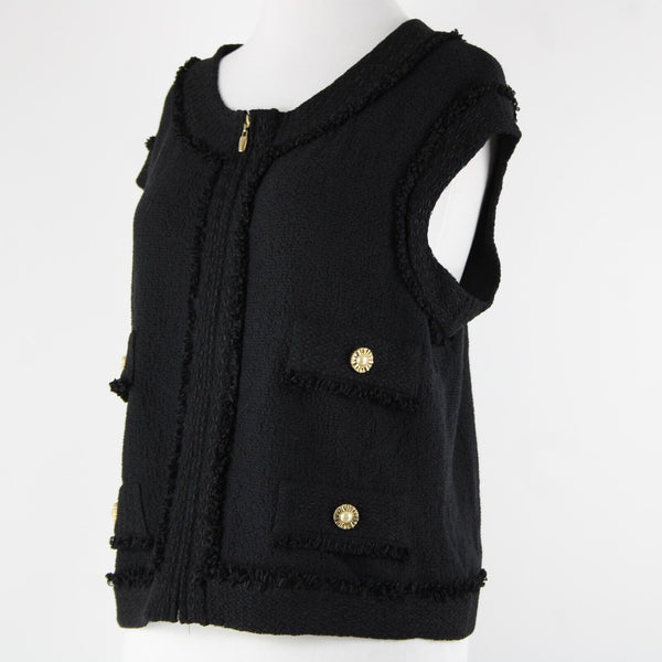 St John Sz 12 Black Gold Hardware Sleeveless Zipper Detail Novelty Knit Vest