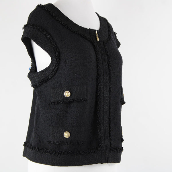 St John Sz 12 Black Gold Hardware Sleeveless Zipper Detail Novelty Knit Vest