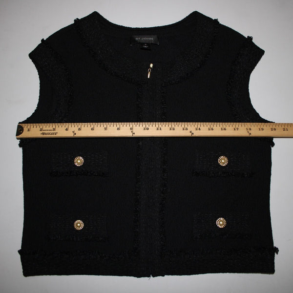 St John Sz 12 Black Gold Hardware Sleeveless Zipper Detail Novelty Knit Vest