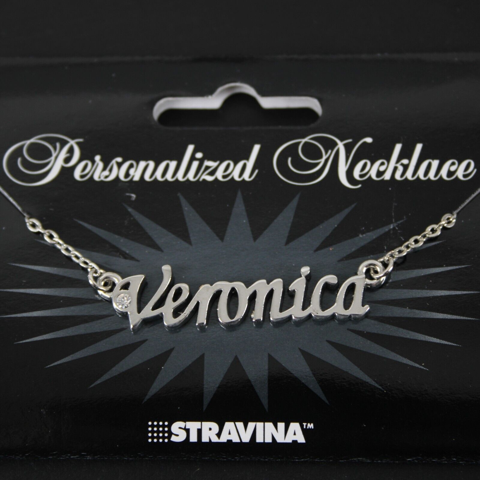 VERONICA Name Silvertone Rhinestone 14.5" w 4.5" Multi Ring Ext Necklace