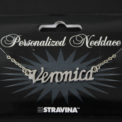 VERONICA Name Silvertone Rhinestone 14.5" w 4.5" Multi Ring Ext Necklace