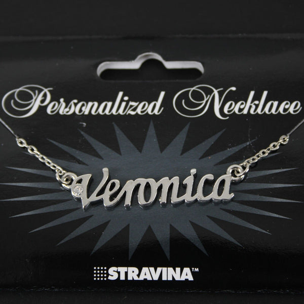 VERONICA Name Silvertone Rhinestone 14.5" w 4.5" Multi Ring Ext Necklace