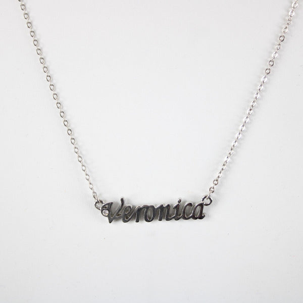 VERONICA Name Silvertone Rhinestone 14.5" w 4.5" Multi Ring Ext Necklace