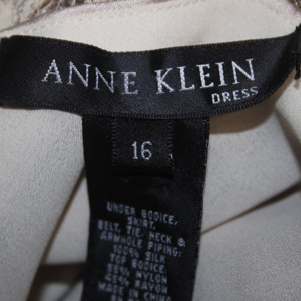 Anne Klein Dress Sz 16 Tan Brocade Embroidered Sleeveless Silk Nylon Rayon Dress