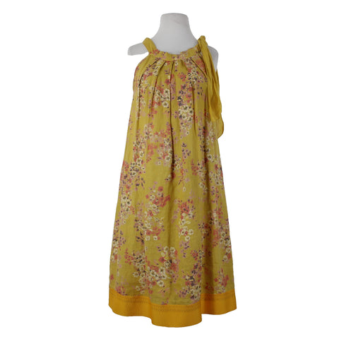 Bella Amore Sz M Yellow Pink Multi Color Floral Unlined 100% Linen Cotton Dress