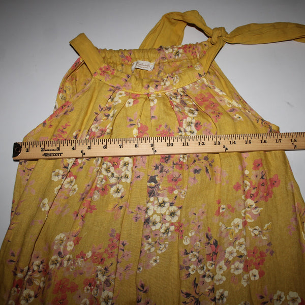 Bella Amore Sz M Yellow Pink Multi Color Floral Unlined 100% Linen Cotton Dress