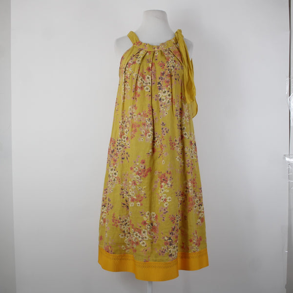 Bella Amore Sz M Yellow Pink Multi Color Floral Unlined 100% Linen Cotton Dress