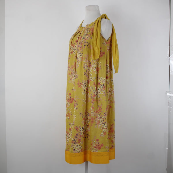 Bella Amore Sz M Yellow Pink Multi Color Floral Unlined 100% Linen Cotton Dress