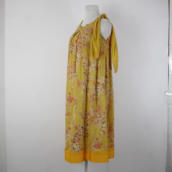 Bella Amore Sz M Yellow Pink Multi Color Floral Unlined 100% Linen Cotton Dress