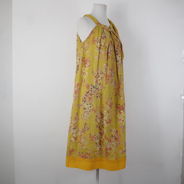 Bella Amore Sz M Yellow Pink Multi Color Floral Unlined 100% Linen Cotton Dress