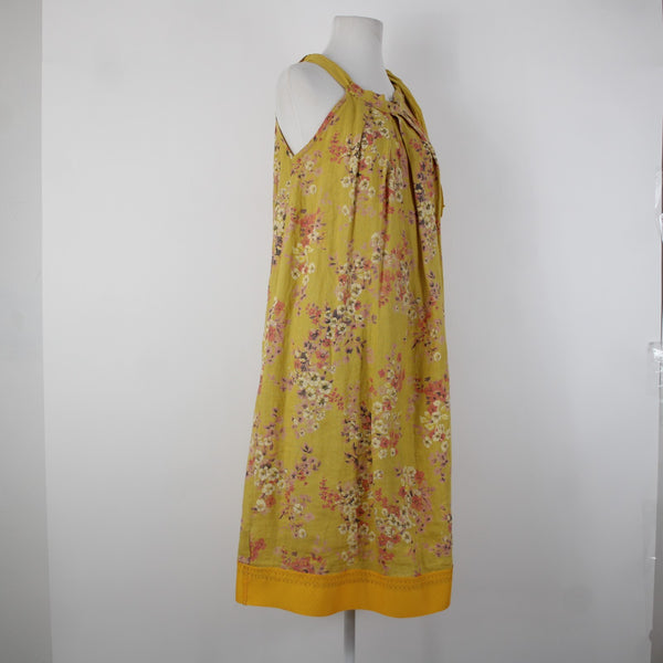 Bella Amore Sz M Yellow Pink Multi Color Floral Unlined 100% Linen Cotton Dress