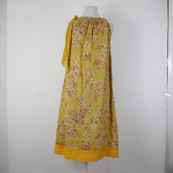 Bella Amore Sz M Yellow Pink Multi Color Floral Unlined 100% Linen Cotton Dress
